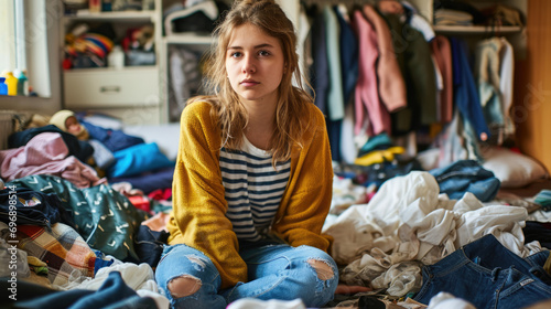 Teenager girl with ADHD struggling to clean the room Gen AI