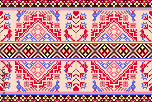 Ethnic Birds and Floral Pixel Art Seamless Pattern.  Vector design for fabric, carpet, tile, embroidery, wrapping, wallpaper, and background