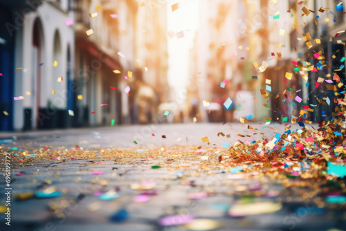 colorful confetti on carnival fallen on street photo
