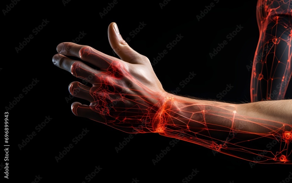 illustration of human with hand pain and wrist with carpal tunnel syndrome - obrazy, fototapety, plakaty 