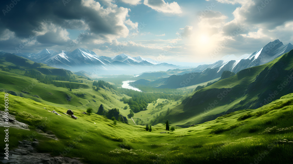 A Fantasy Landscape with Lush Green Grassy Hill Sloping Downward, Inviting into a Vast and Enchanting Valley.