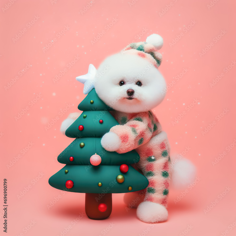 Abstract winter Christmas concept background with cute puppy dog holding a Christmas tree and falling snow.