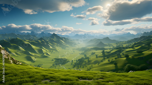 A Fantasy Landscape with Lush Green Grassy Hill Sloping Downward  Inviting into a Vast and Enchanting Valley.