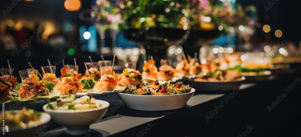 Culinary artistry on display at a high-end event, featuring an exquisite buffet of visually stunning dishes.