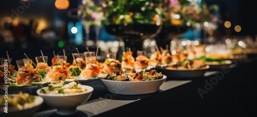 Culinary artistry on display at a high-end event  featuring an exquisite buffet of visually stunning dishes.