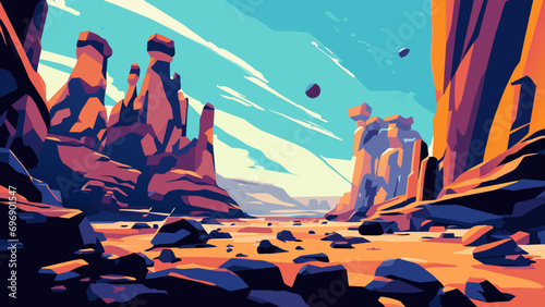 Surreal desert landscape with floating rocks. vektor icon illustation