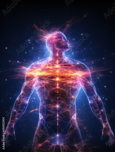 Visible aura around a person, open chakra, alternative medicine, human soul in the form of radiance and rays around the human body, zen balance of soul and body © Gizmo