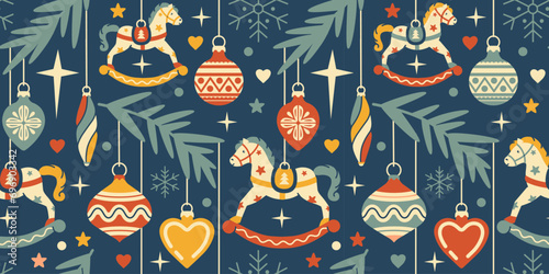 Vintage Christmas seamless wallpaper. Retro flat style vector background. Winter ornament with bauble decorations, rocking horse. Cozy noel horizontal pattern for gift, wrapping paper, fabric.
