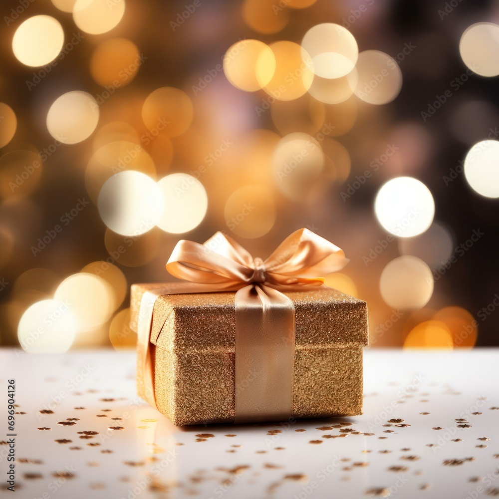 Compose a captivating image of a delectable gift boxs set against a festive Christmas bokeh background Compose a captivating image of a delectable gift boxs set against a festive Christmas bokeh background