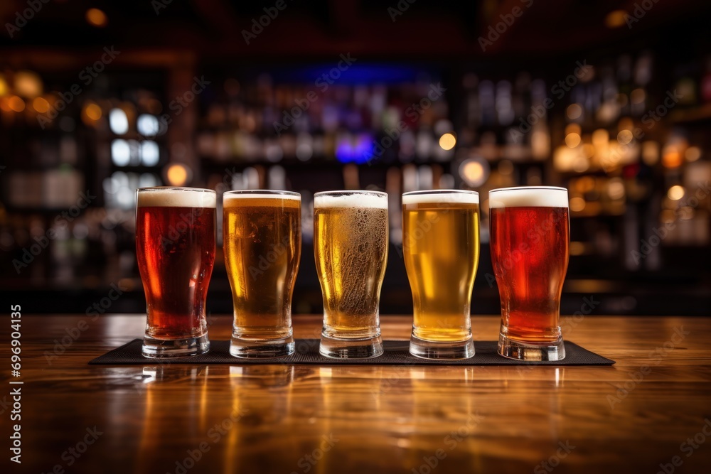 Glasses with various types of craft beer on a wooden bar