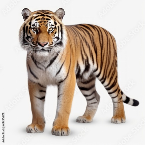 A full-body shot of a tiger on a white background.