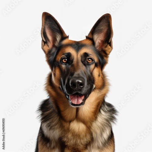German Shepherd dog's face on a white background.