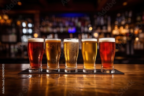 Glasses with various types of craft beer on a wooden bar