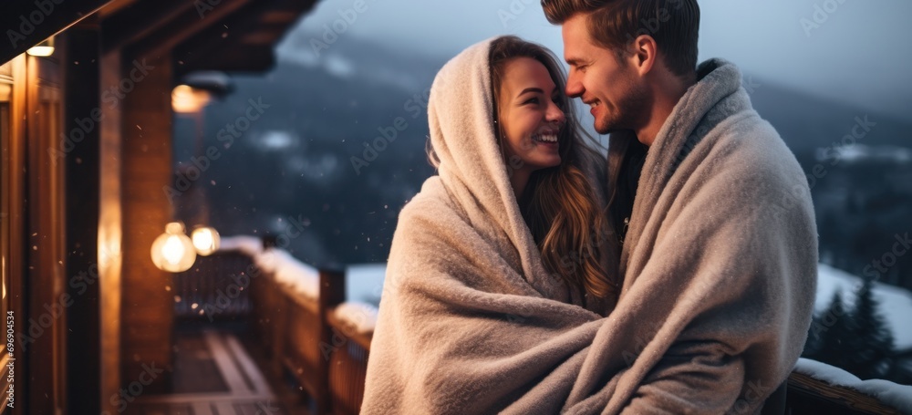Happy couple wrapped in warm blankets, enjoying a winter date on a mountain cabins porch with a breathtaking snowy landscape.