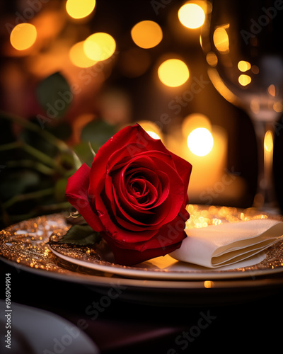 Botão de rosa em cima de um prato em uma mesa de jantar montada com luz de velas desfocadas ao fundo - Papel de parede romântico 