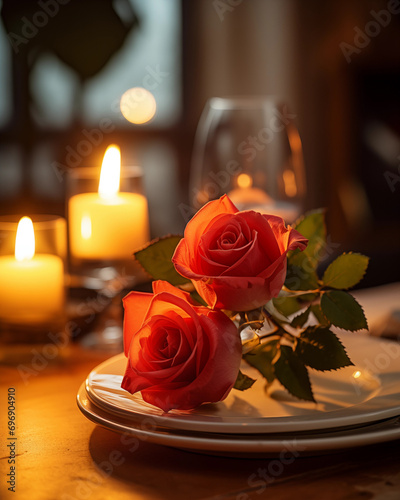 Botão de rosa em cima de um prato em uma mesa de jantar montada com luz de velas desfocadas ao fundo - Papel de parede romântico © vitor