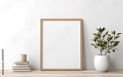 Blank wooden picture frame mockup on off white wall in modern interior. Vertical artwork template mock up for artwork, painting, photo or poster in interior design with green plants. AI Generative. photo
