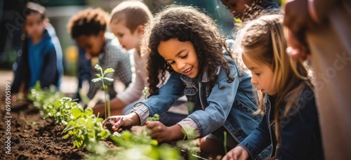 Children engaging in garden planting activity. Education and nature connection. photo