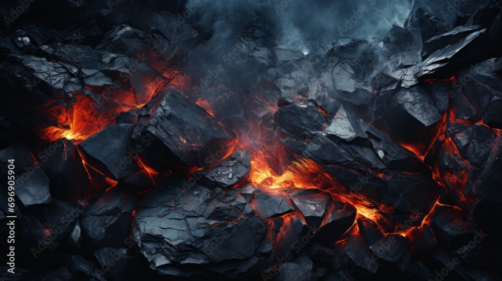 A fiery river of molten lava spills from a rugged terrain, its scorching heat and smoldering ash resembling fireplace of nature, but its dark smoke and charcoal hues speak of destructive pollution A fiery river of molten lava spills from a rugged terrain, its scorching heat and smoldering ash resembling fireplace of nature, but its dark smoke and charcoal hues speak of destructive pollution