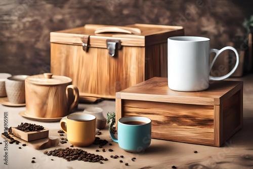 Mockup / design set of colorful Tea or coffee ceramic mug beside wooden tea kitchen box 