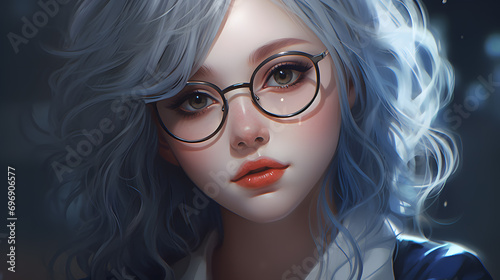 Portrait of a girl in glasses with blue hair. Neural network AI generated art