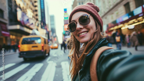 Fotografia, Obraz Happy tourist take selfie self-portrait with smartphone in New York Manhattan -