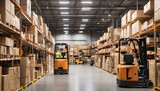 Operational industrial warehouse displays rows of shelves housing cardboard boxes. Worker, maneuvering forklift, diligently prepares items for shipping. Storage hub products awaiting their dispatch