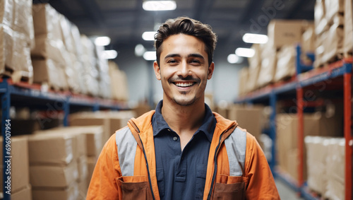 Portrait of a smiling storage warehouse worker. Interior of a modern warehouse in the background. Distribution center, retail warehouse, storage and shipping systems. Many boxes on the shelves photo