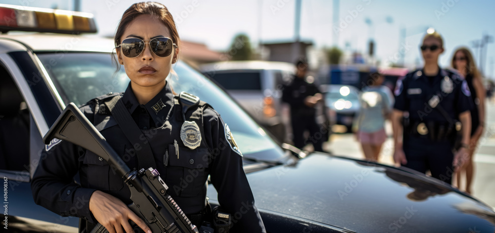 Young woman working as police officer or cop, she is standing next to car, holding rifle gun, blurred street background. Generative AI - obrazy, fototapety, plakaty 