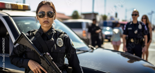 Young woman working as police officer or cop, she is standing next to car, holding rifle gun, blurred street background. Generative AI photo