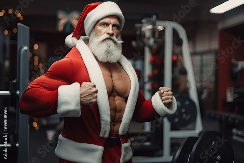 Festive Fitness. Santa Claus Boxer in Holiday Costume at the Gym