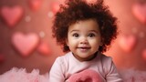 Adorable little girl with pink and red Valentine's Day studio backdrop. Happy biracial baby with balloons and hearts. Cute toddler holiday portrait.