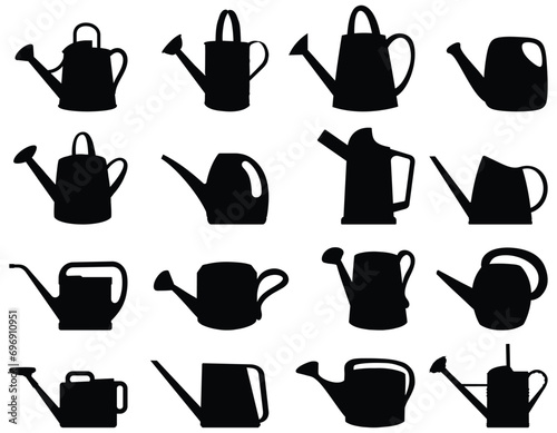 Black silhouettes of watering cans on white background, vector illustration