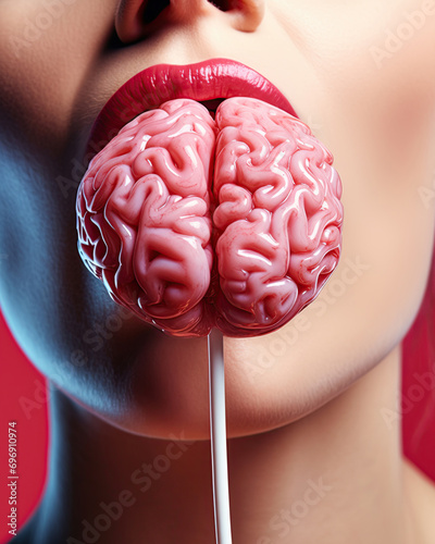 Woman licking brain lollipop. Consuming knowledge and intelect trough food. Ai Generative photo