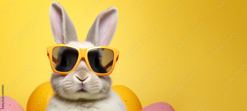Funny easter concept holiday animal celebration greeting card - Cool cute little easter bunny, rabbit with sunglasses on a table with many colorful painted esater eggs, isolated on yellow background