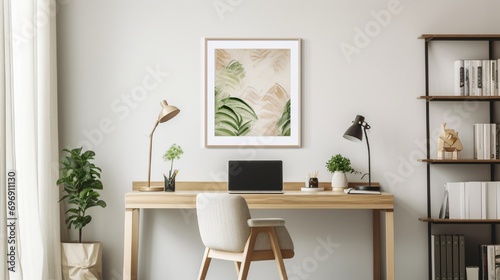 A comfortable home office setup with a laptop, a warm coffee mug, and a wall frame for personalized artwork or quotes.