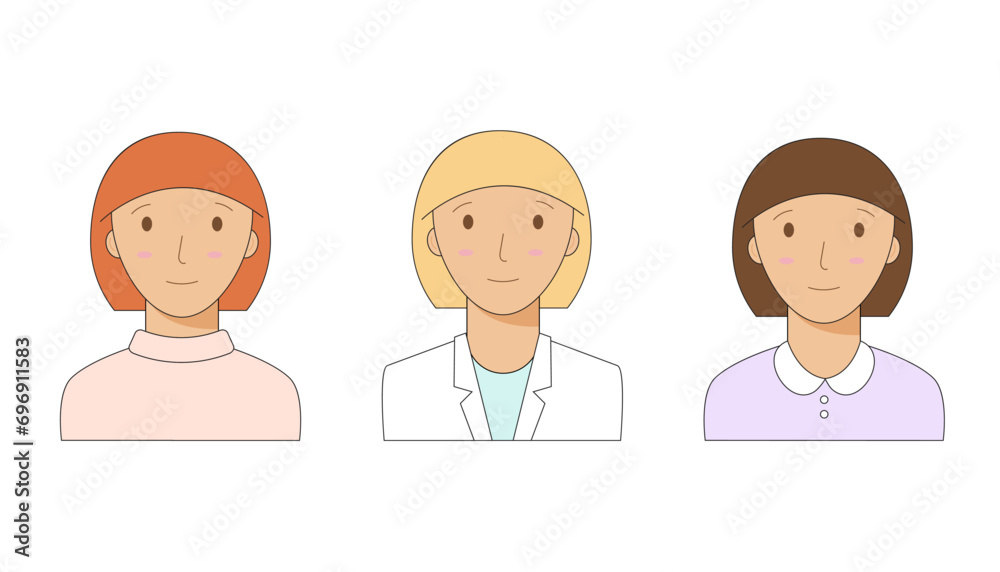Collection of portraits of women with fair skin and different hair colors for profile avatars. Portrait of a smiling woman. Collection of portraits of women with fair skin and different hair colors for profile avatars. Portrait of a smiling woman.