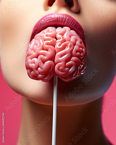 Woman licking brain lollipop. Consuming knowledge and intelect trough food. Ai Generative photo