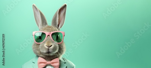 Funny easter concept holiday animal celebration greeting card - Cool easter bunny, rabbit with pink sunglasses and bow tie, isolated on green background