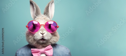 Funny easter concept holiday animal celebration greeting card - Cool easter bunny, rabbit with pink sunglasses and bow tie, isolated on blue background photo