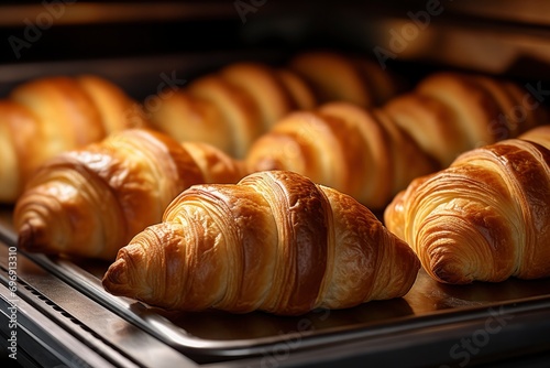 Fresh crispy golden croissants lie on a baking sheet close-up. Sweet pastry made from puff pastry, a classic French dessert. Bakery concept, croissant production