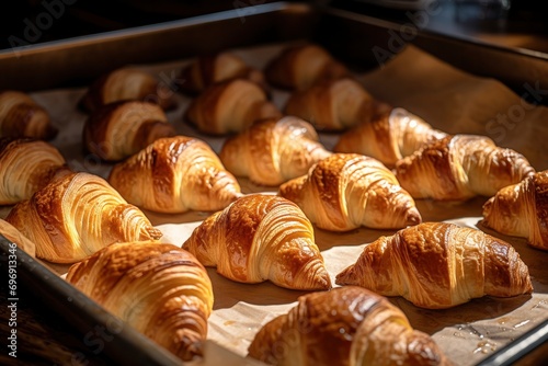 Fresh crispy golden croissants lie on a baking sheet close-up. Sweet pastry made from puff pastry, a classic French dessert. Bakery concept, croissant production photo