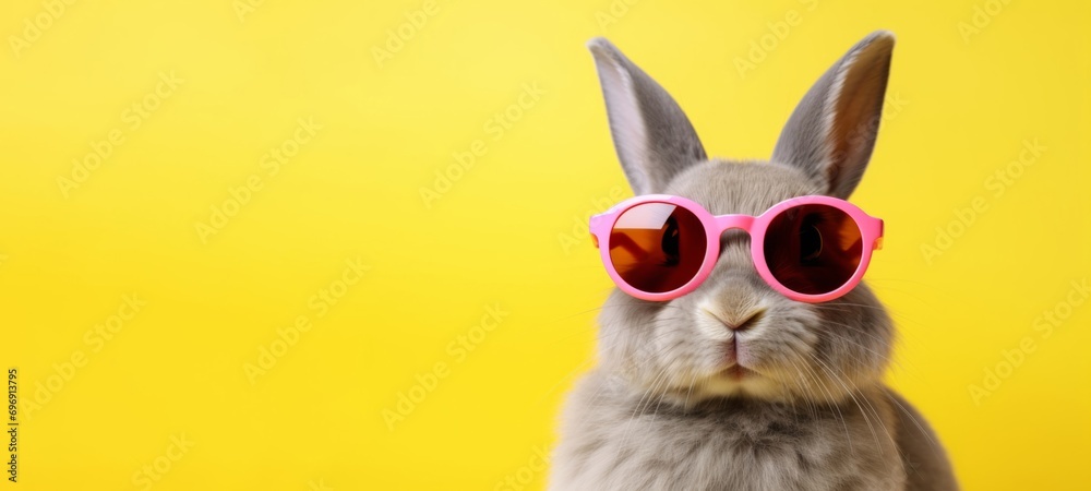 Fototapeta premium Funny easter concept holiday animal celebration greeting card - Cool easter bunny, rabbit with pink sunglasses, isolated on yellow background
