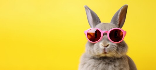 Funny easter concept holiday animal celebration greeting card - Cool easter bunny, rabbit with pink sunglasses, isolated on yellow background