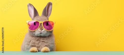 Funny easter concept holiday animal celebration greeting card - Cool easter bunny, rabbit with pink sunglasses, isolated on yellow background