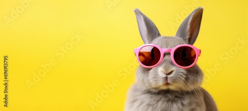 Funny easter concept holiday animal celebration greeting card - Cool easter bunny, rabbit with pink sunglasses, isolated on yellow background