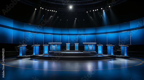 An empty US election debate stage before the candidates arrive.