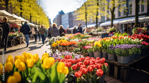 A bustling flower market in Amsterdam. photo
