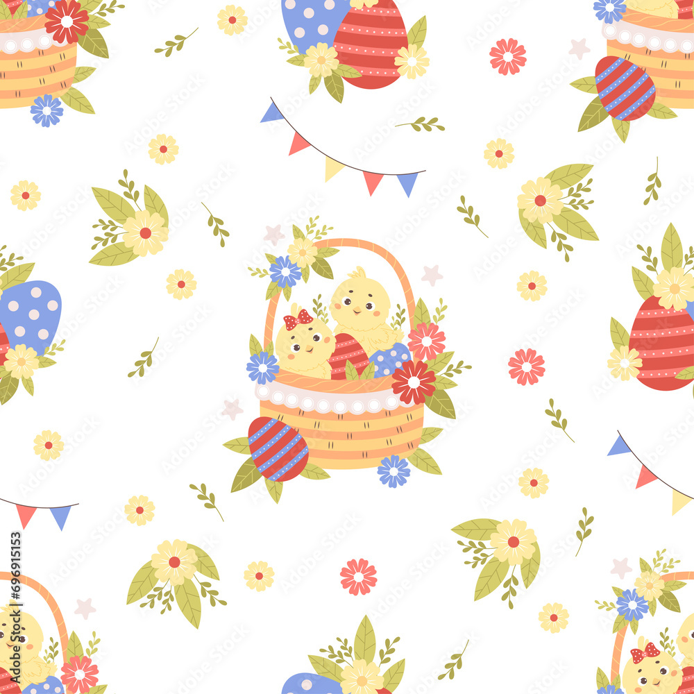 Seamless pattern with little chicks in Easter basket