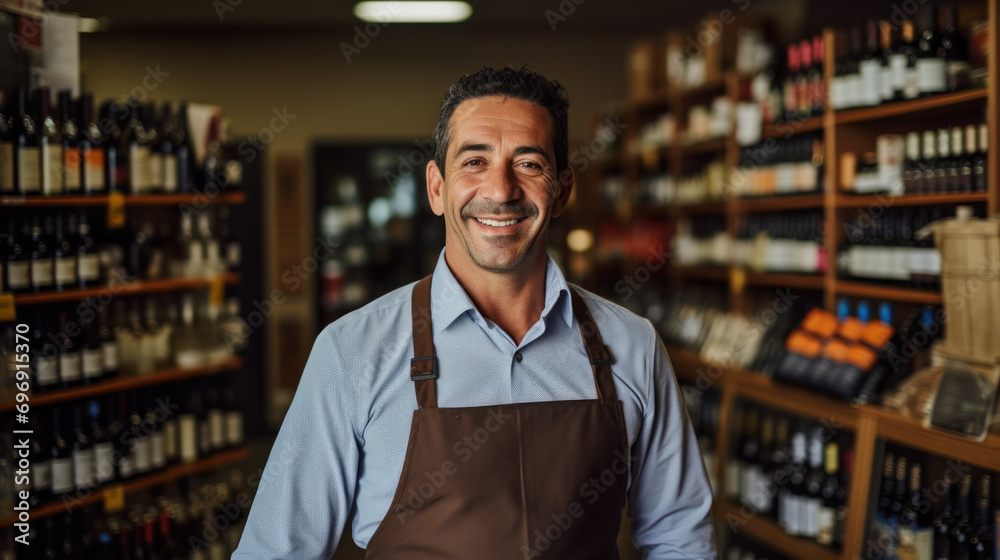 Young sommelier dressed in a shirt against the background of a large wine store